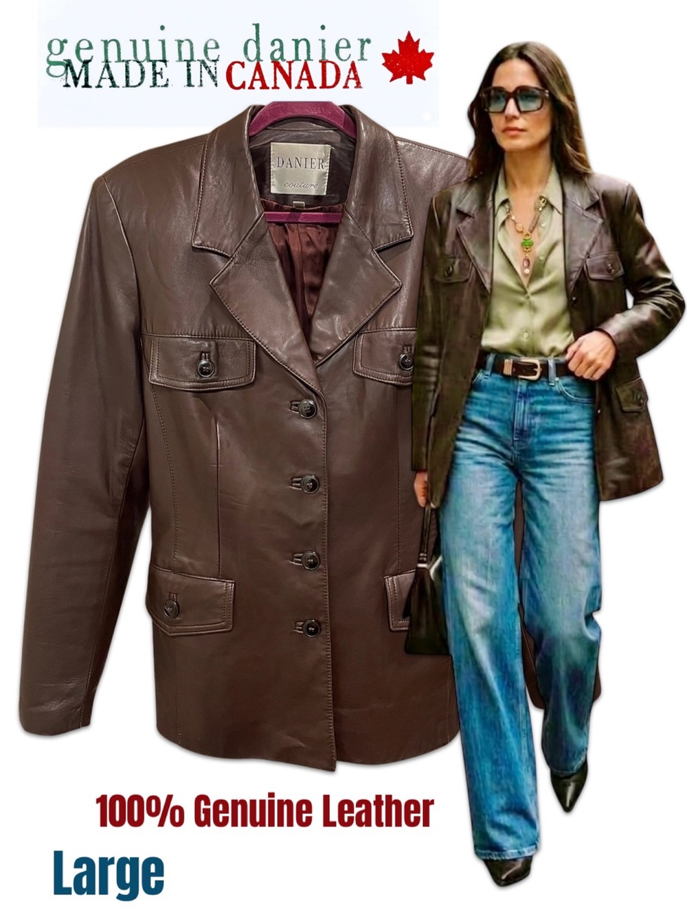 Danier Canada Brown Genuine Leather Safari Tailored Blazer Jacket L Large EUC